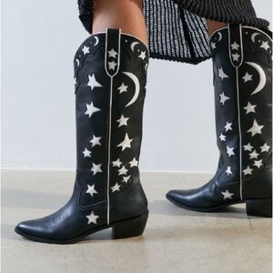 UO Stars and Moon Tall cowboy boot black and white 9